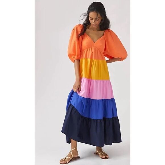 Farm Rio for Anthropology   Colorblock Maxi Dress Balloon Sleeve Tiered Dress XS - Picture 1 of 7